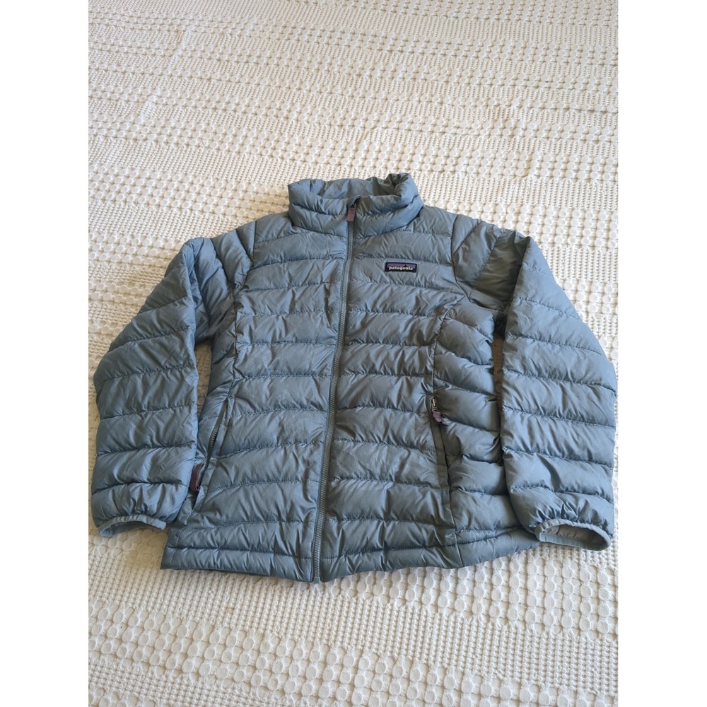 Patagonia Down Sweater Jacket Girls Blue Sz Medium 10 Full Zip Mock Neck